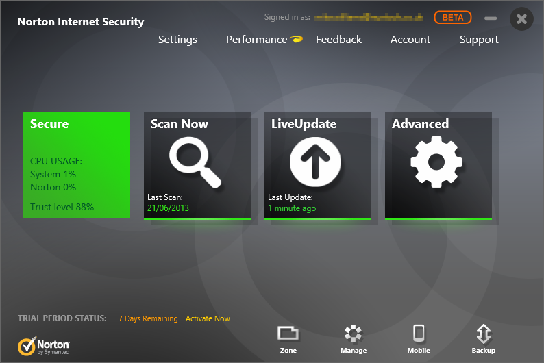 Norton Antivirus four options such as Quick Scan Reputation Scan, Full System Scan and Custom Scan