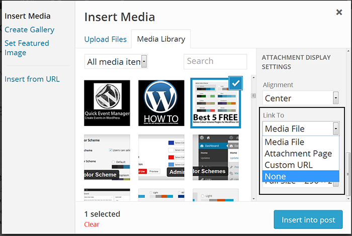 Remove the media file link from Images in WordPress