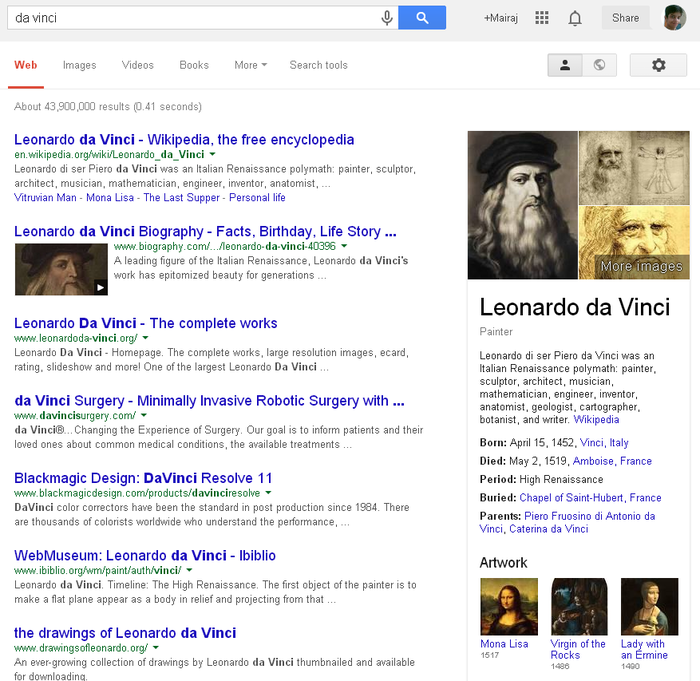 Learn more about Da Vinci via Google search
