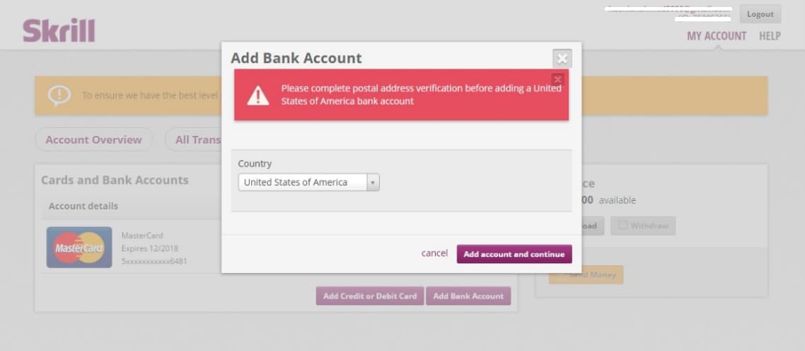 How to Verify Postal Address in Skrill to Add (Bank of America) Payoneer