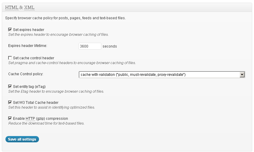 Browser Cache HTML and XML settings in W3 Total Cache