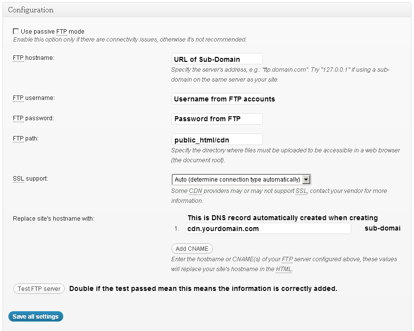 Content Delivery Network configuration settings in W3 Total Cache