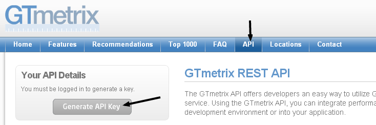 Generating GTmetrix API Key