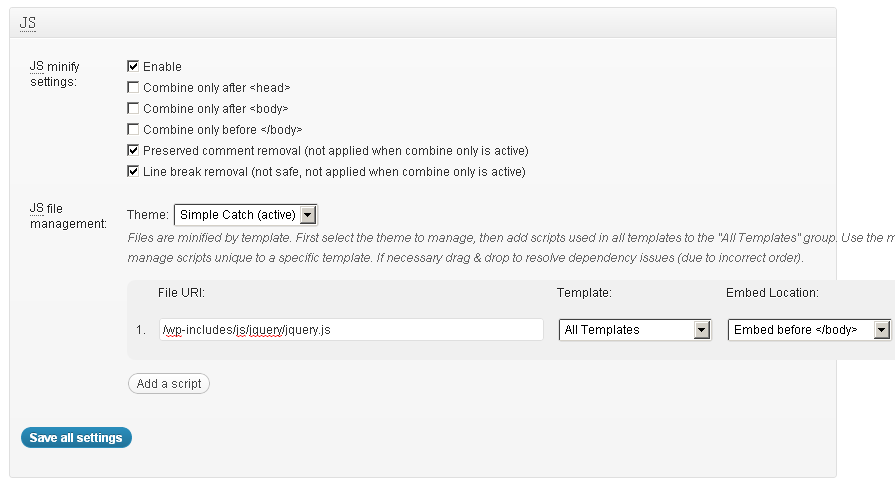Minify JS Settings W3 Total Cache