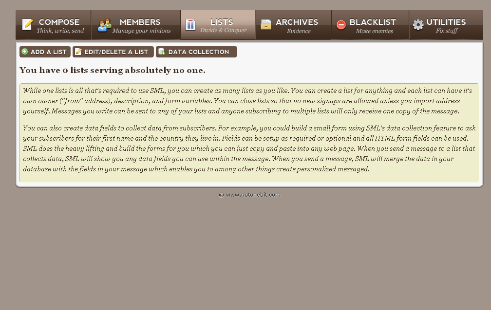 The Managing lists page of Simple Mailing List 2 Management Beta 1