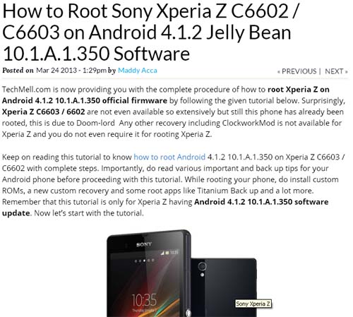 How to Root Sony Xperia Z C6602 C6603 on Android 4.1.2 Jelly Bean 10.1.A.1.350 Software