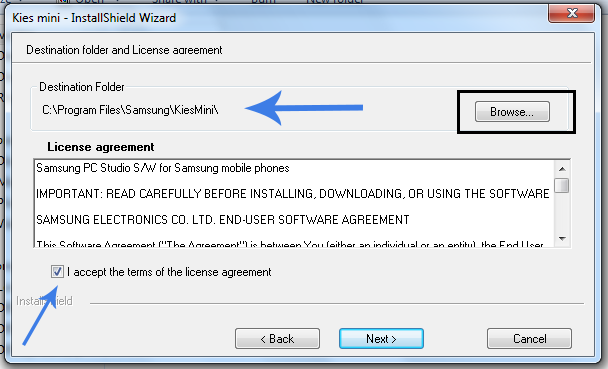 Destination folder and License Agreement for Samsung Kies Mini