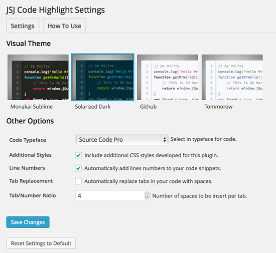 JSJ Code Highlight Plugin Settings Page