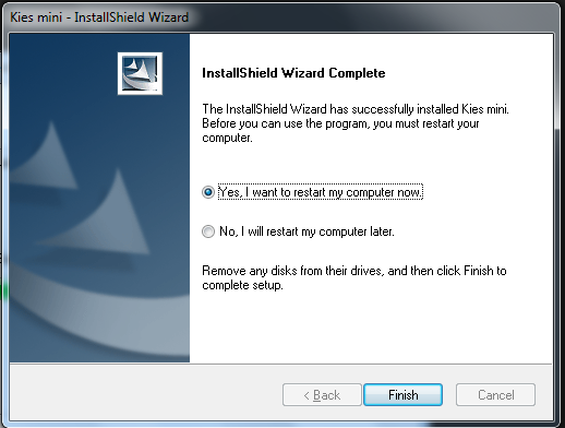Kies Mini Installed Successfully Now Reboot Computer