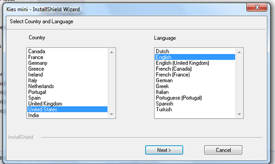 Select country and language for Samsung kies mini