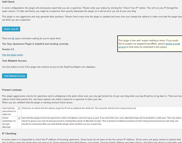 Stop Spammers Plugin Configuration Page