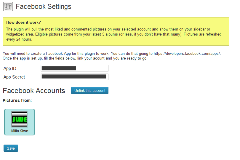 Facebook Pictures Options Page Screenshot