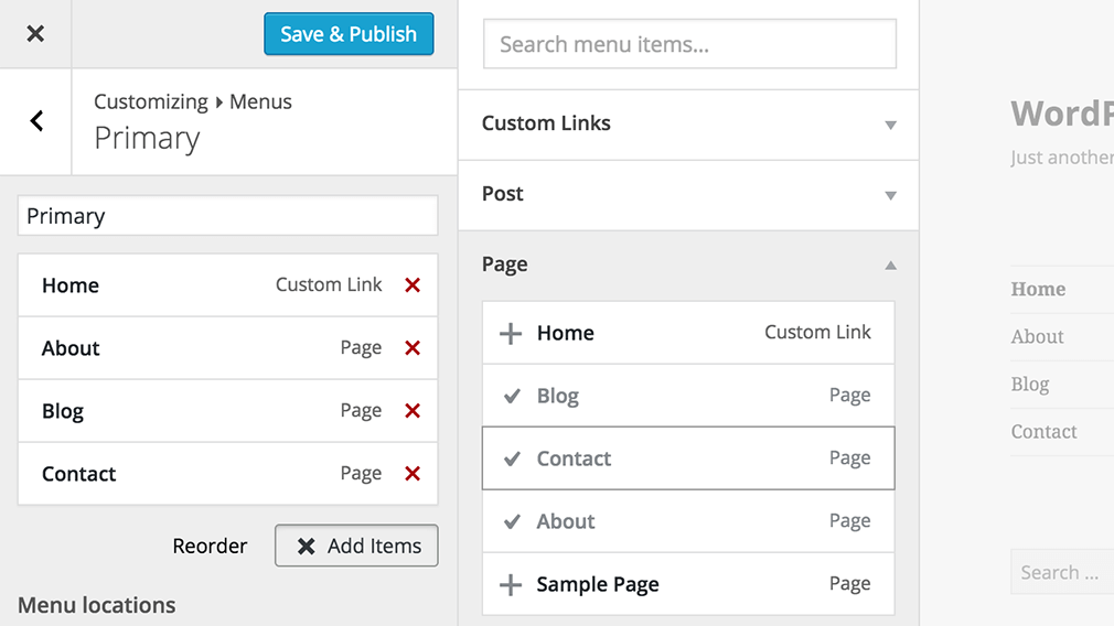 menu customizer WordPress