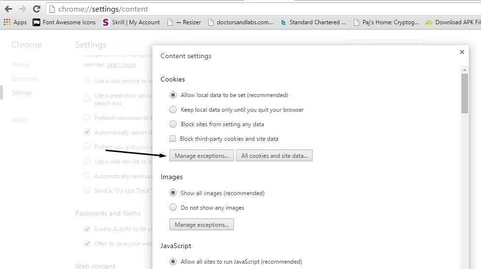 Chrome Manage Exceptions