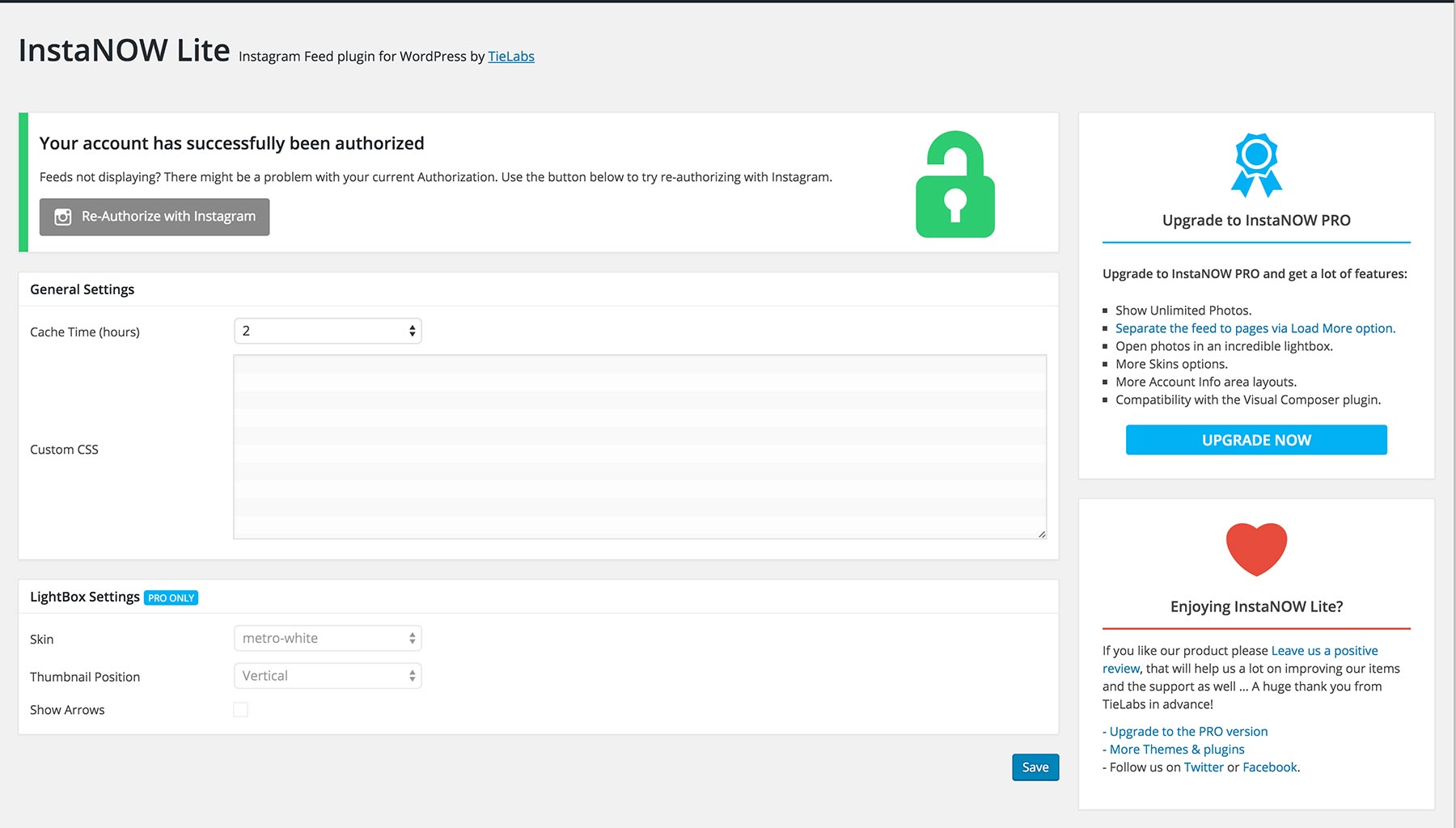 InstaNow Settings Page