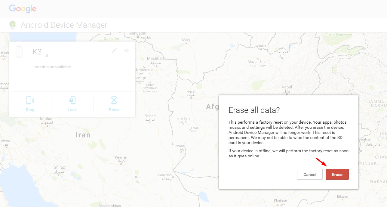 Erase data android device manager screenshot 2