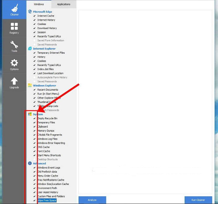 CCleaner options to clean up windows errors