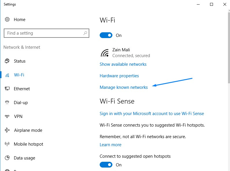 Manage Known NEtworks Windows 10