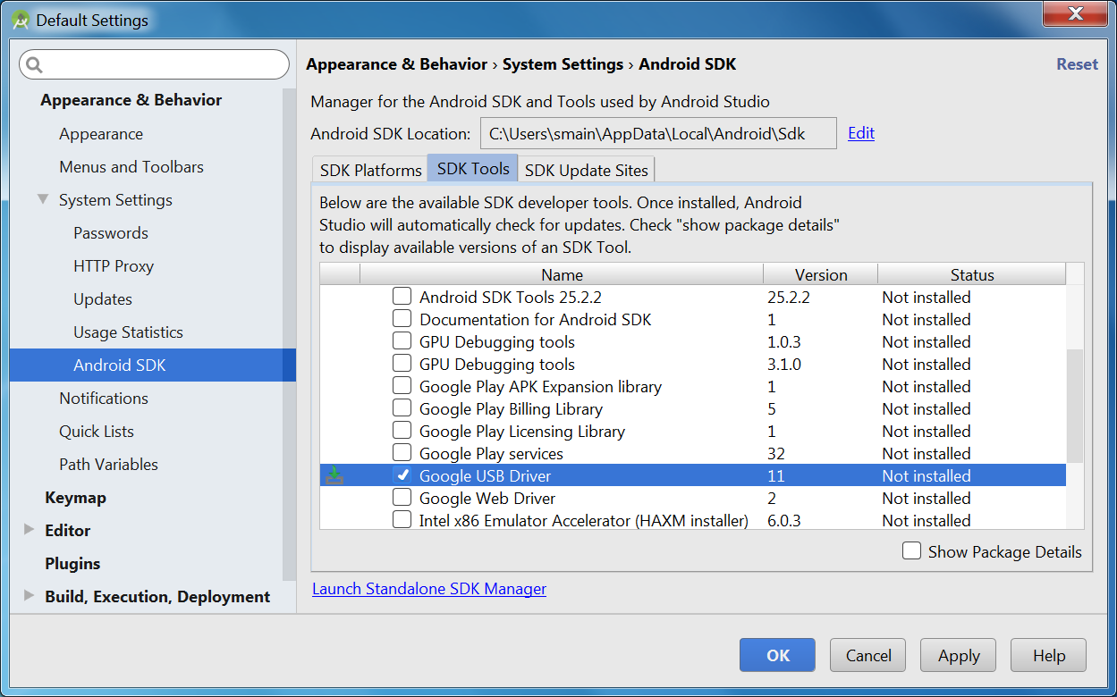 Google USB drivers via SDK Manager
