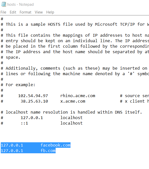 Hosts file blocking Facebook in Windows