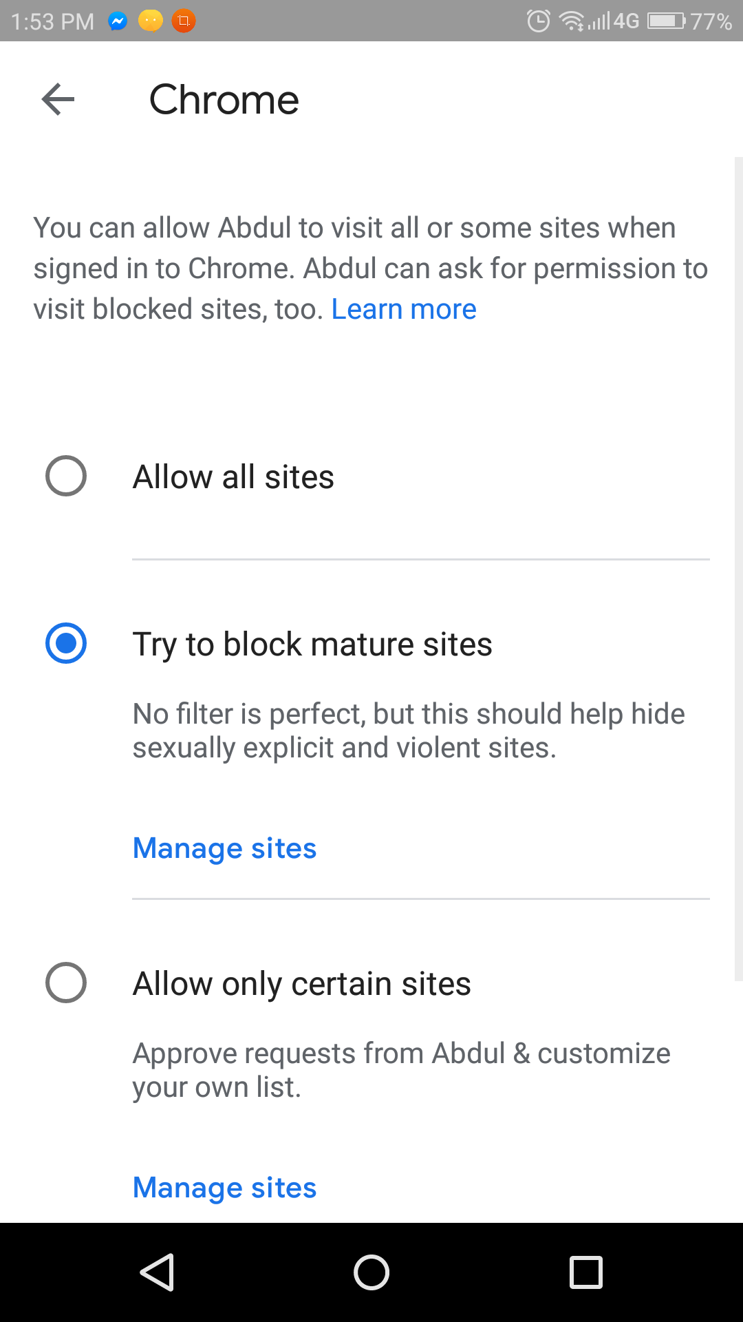 Block Mature Sites with family link for parents