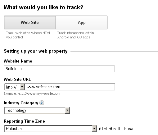 Filling out the Google Analytics form