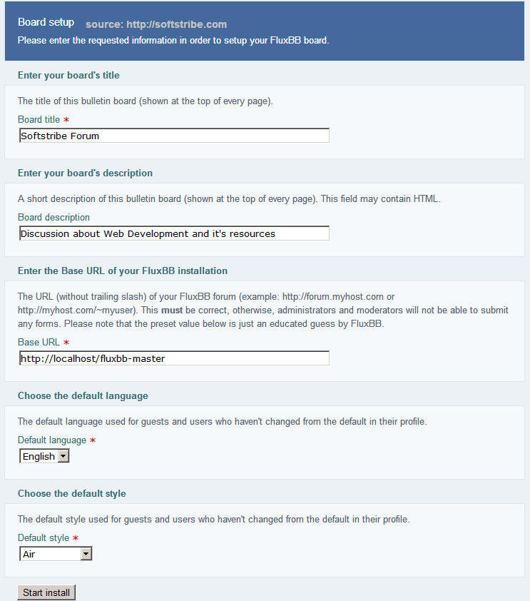 Board setup FluxBB Installation