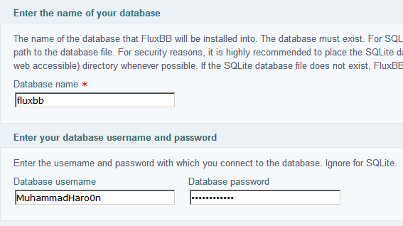 creating database for FluxBB Installation