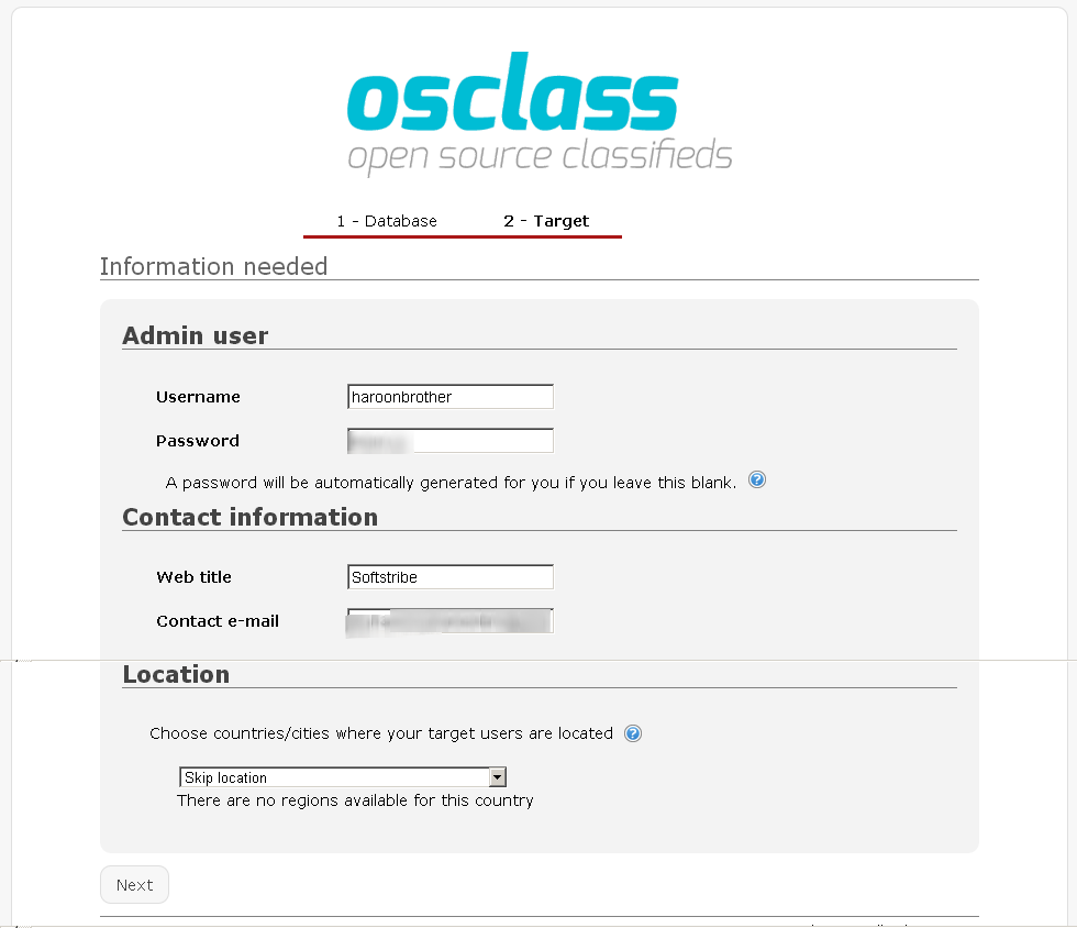 Osclass Installation Admin details