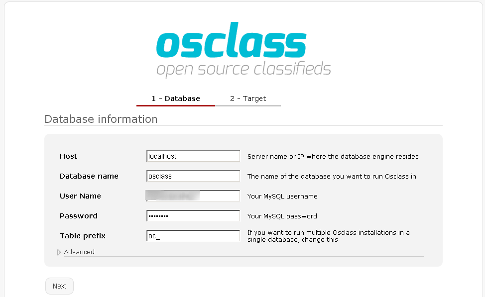 Osclass Installation Database connection