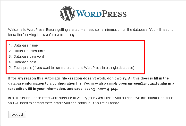 WordPress database Setup Configuration