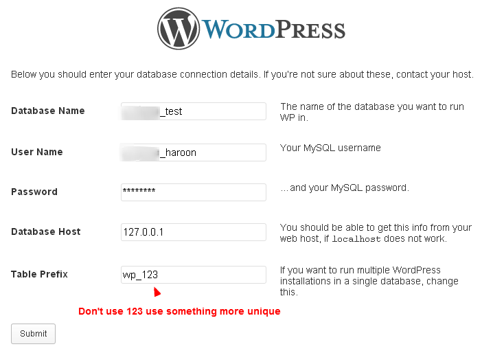 Database information when install WordPress