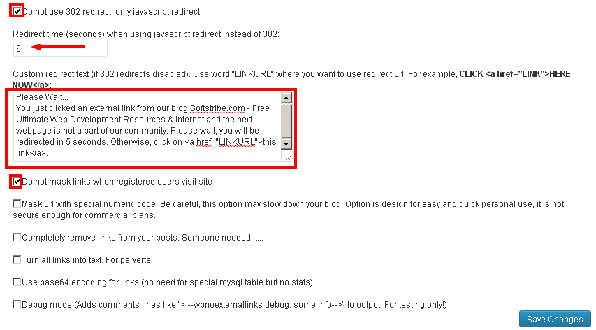WP NoExternalLinks settings Redirection time