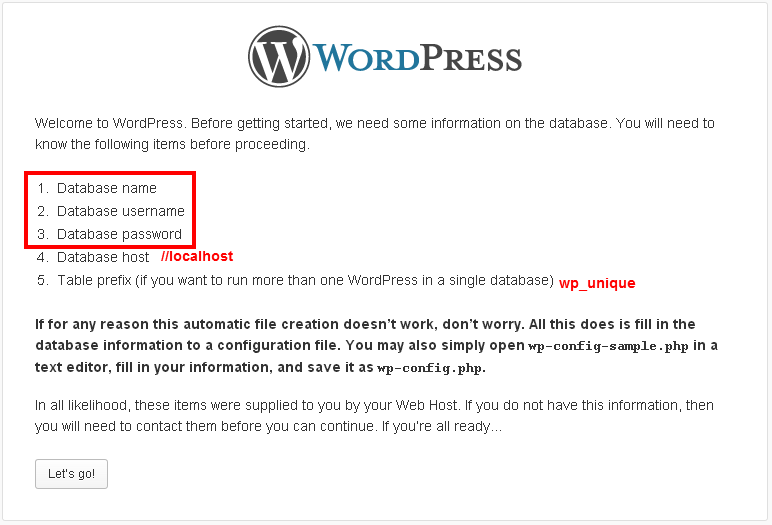 WordPress Setup Configuration File database