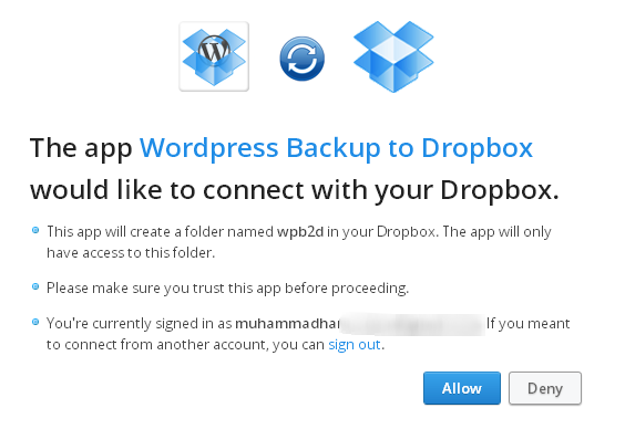 API Request Authorization Dropbox backup for wordpress