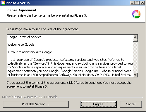 Accept the agreement picasa