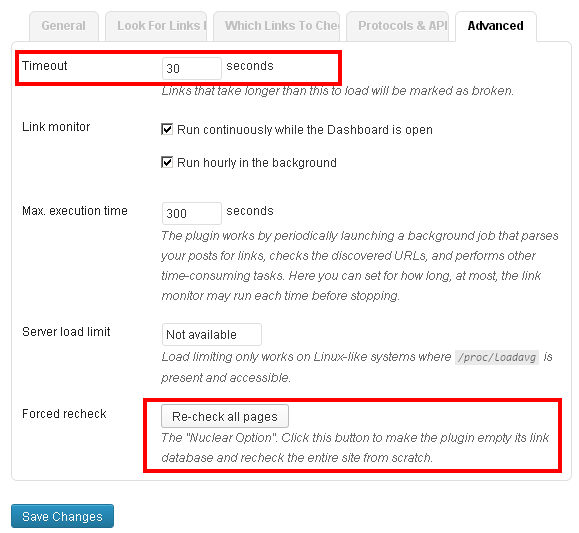 Advanced settings by broken link checker