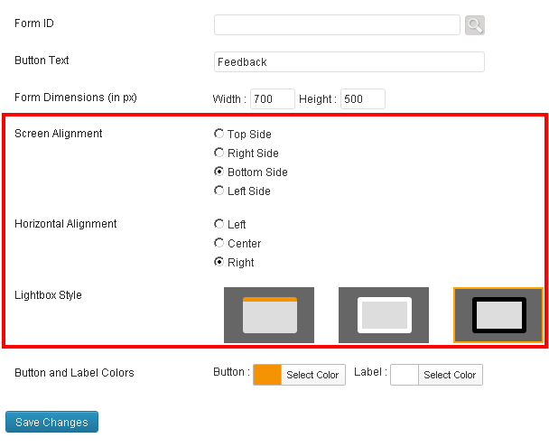 JotForm Feedback Button settings