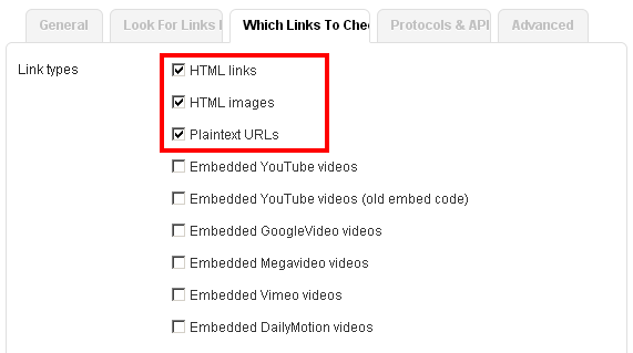 Link Checker Settings links that you want to check for