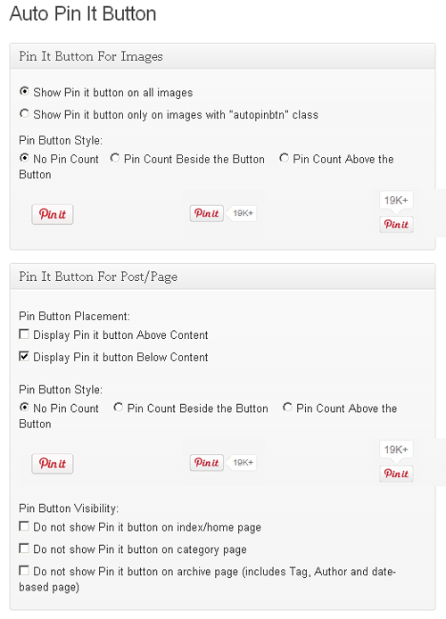 Auto Pin It Button WordPress Settings Page