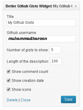 Better Github Gists Widget Settings