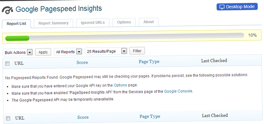 Progress In Google Pagespeed Insights WordPress Settings Page Report List