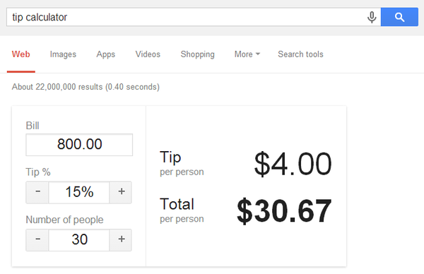 Google's built-in tip calculator