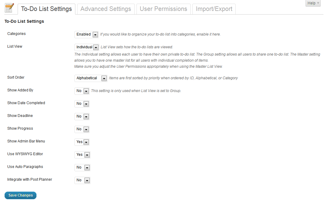 Cleverness To Do List Settings Page