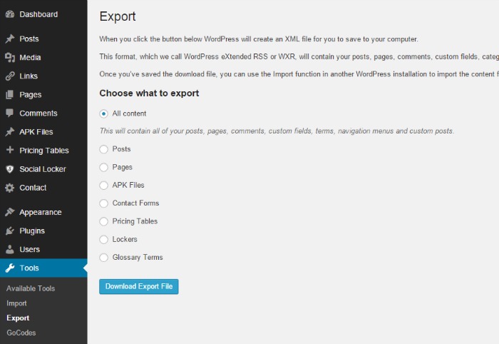 Download Export File - Backup WordPress