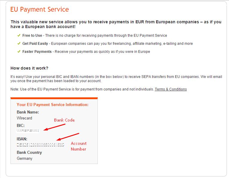 Euro Payment service Bank Code and Account Number