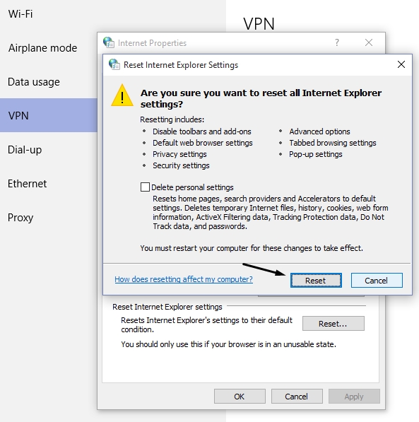 Reset Windows 10 VPN options
