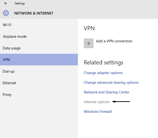 VPN Internet Options Windows 10