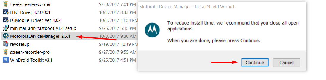 Motorola Device Manager Installation window