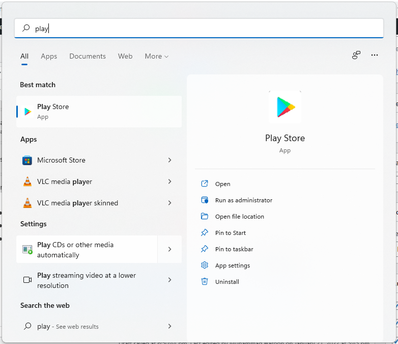 Google Play store in Windows 11